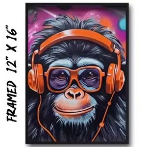 FRAMED Chimpanzee DJ Large 12"x16" Colorful Canvas Pop Art Deco